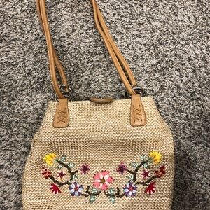 Floral Embroidered Tan Woven Bag